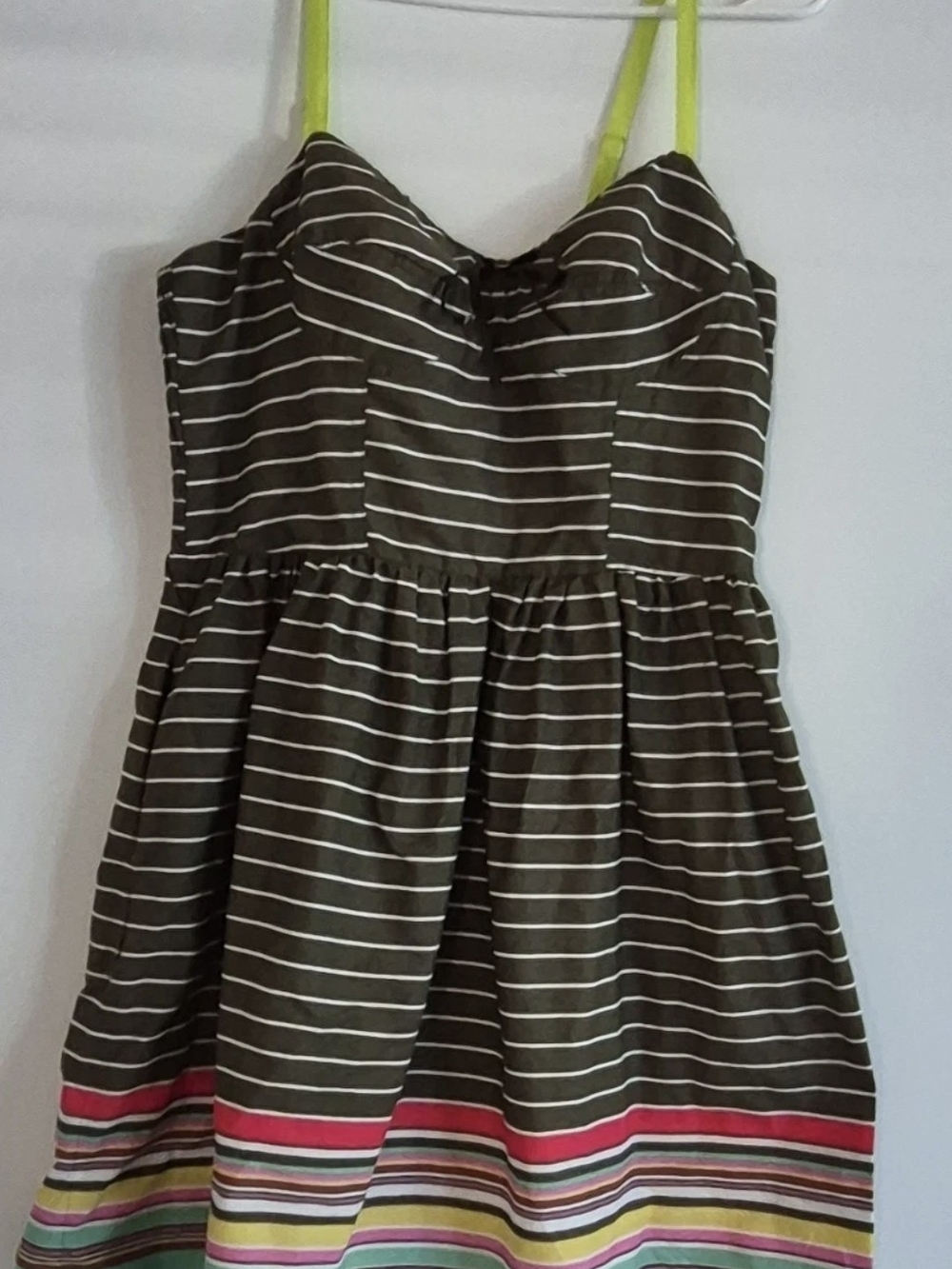 Striped Olive Green Mini Dress with Pink Accent